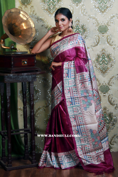 Magenta Madhubani Hand Painted Tussar Saree